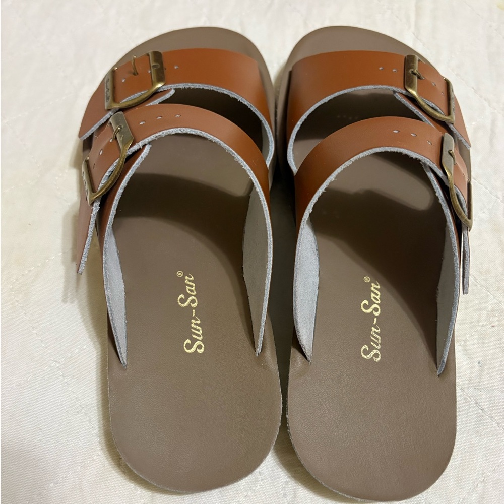Women's Tan Double-Buckle Slide Sandals